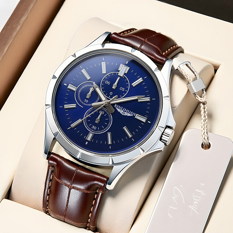 Leather Watch Band Men - 남성용 크로노그래프 쿼츠 시계, 블루 다이얼
