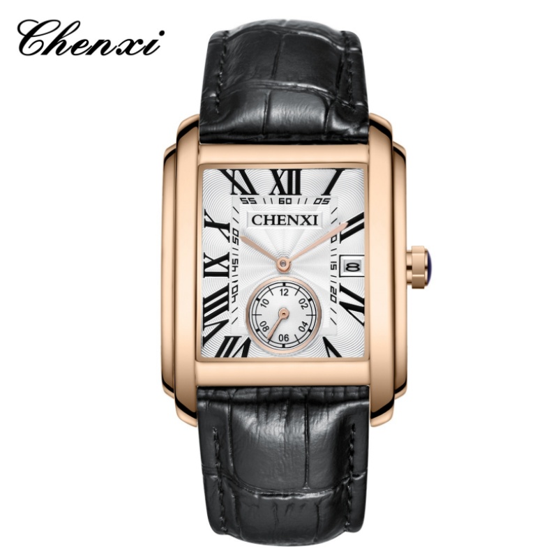 Leather Watch Band Men - CHENXI 남성용 클래식 스퀘어 브라운 가죽