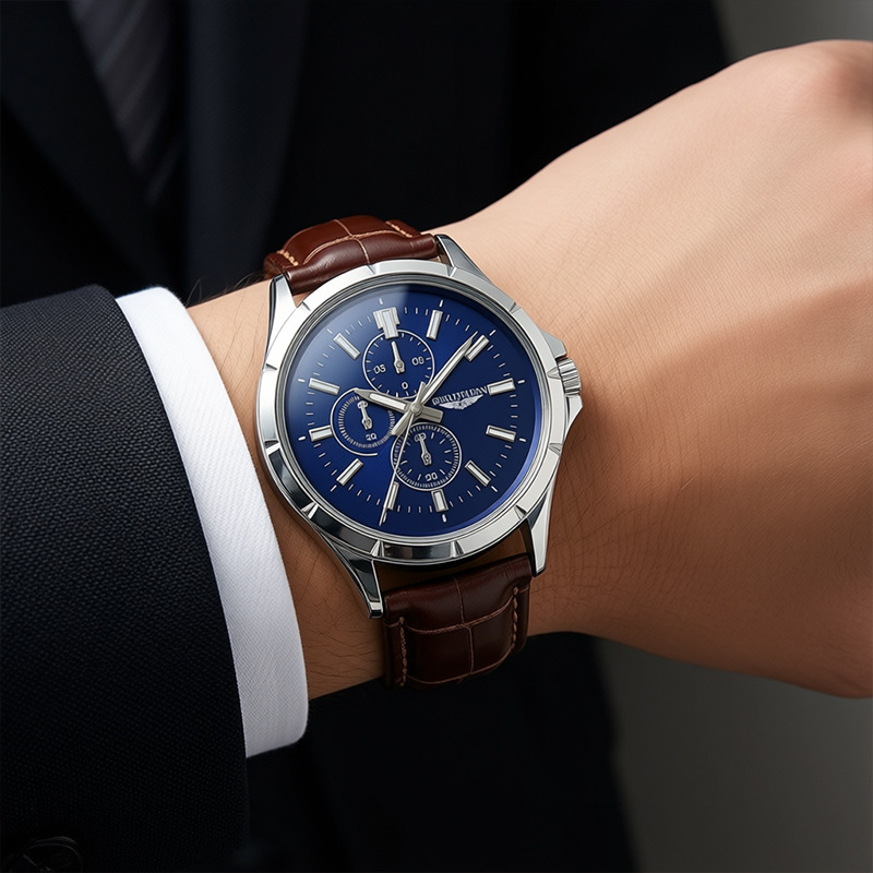 남성용 크로노그래프 쿼츠 시계, 블루 다이얼 브라운 가 - Leather Watch Band Men 리뷰 및 가격