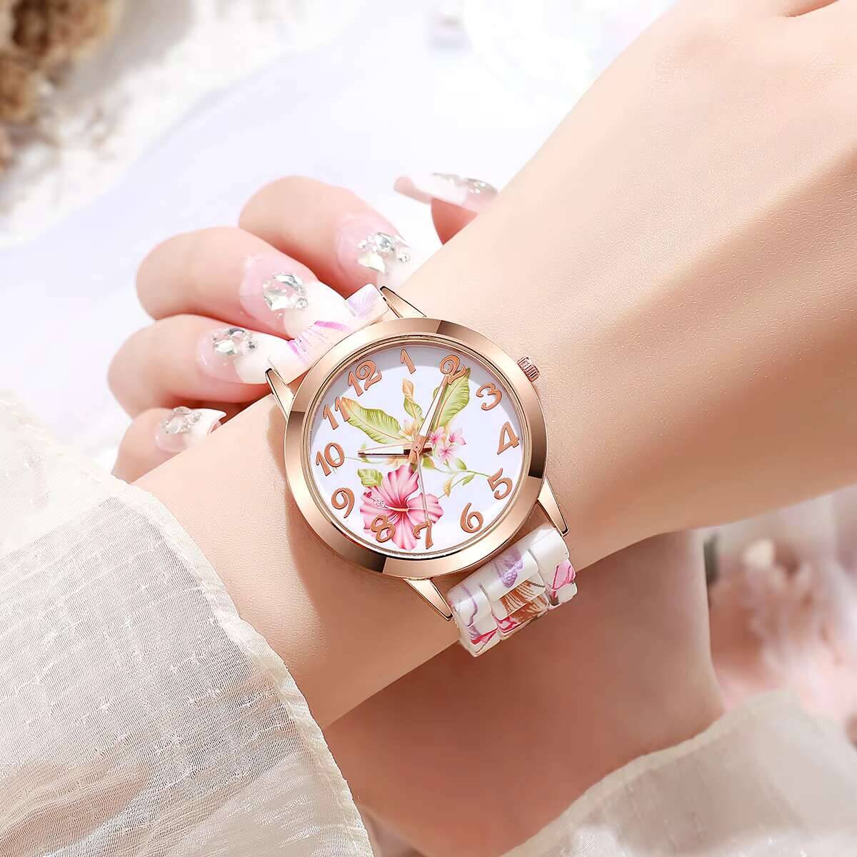 2PCS 패션 플라워 프린트 여성용 시계 캐주얼 실리콘 - Silicone Band Women 리뷰 및 가격